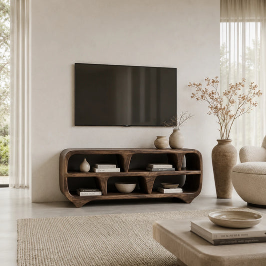 Sculptural Solid Wood TV Stand with Open Shelf Storage Console Design - ArborisWood