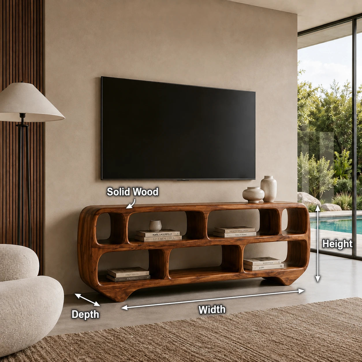 Sculptural Solid Wood TV Stand with Rounded Open Shelf Storage Console - ArborisWood - 10