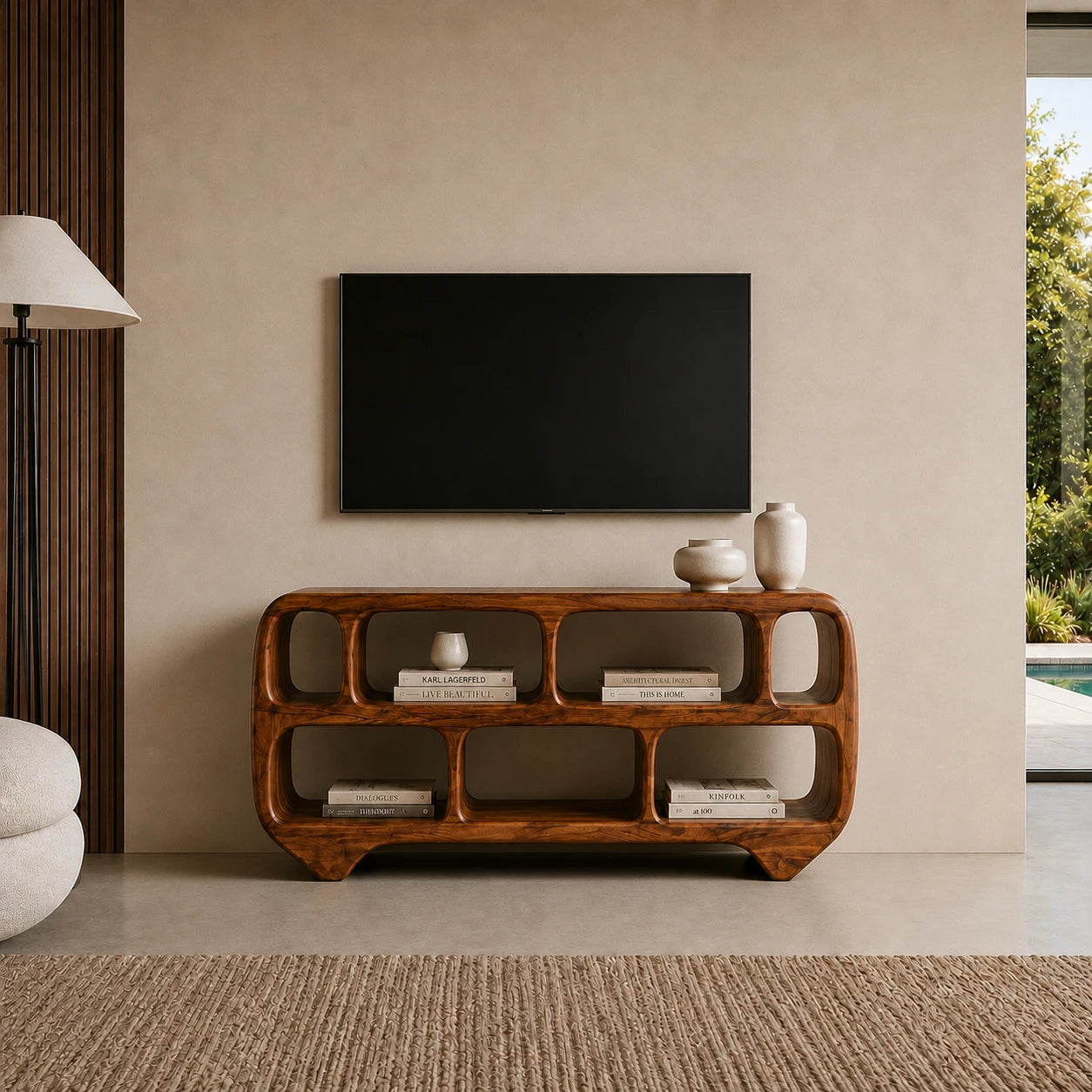 Sculptural Solid Wood TV Stand with Rounded Open Shelf Storage Console - ArborisWood - 11