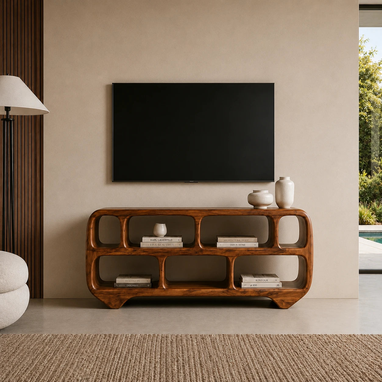 Sculptural Solid Wood TV Stand with Rounded Open Shelf Storage Console - ArborisWood - 12