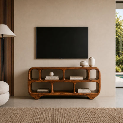 Sculptural Solid Wood TV Stand with Rounded Open Shelf Storage Console - ArborisWood - 12
