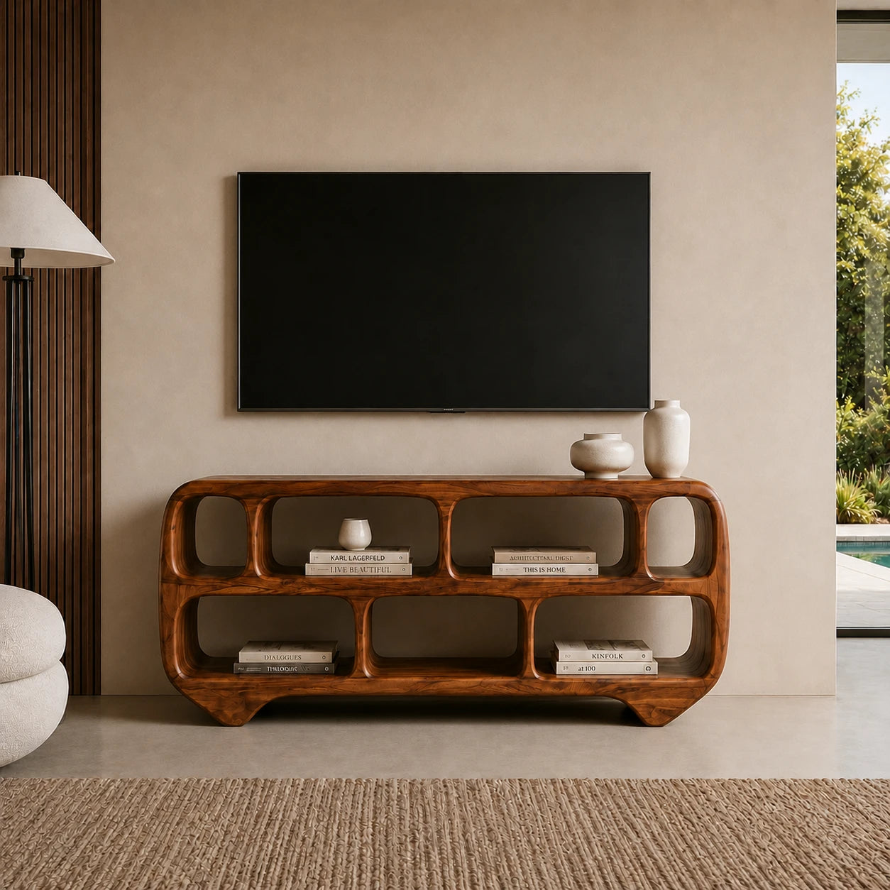 Sculptural Solid Wood TV Stand with Rounded Open Shelf Storage Console - ArborisWood - 13
