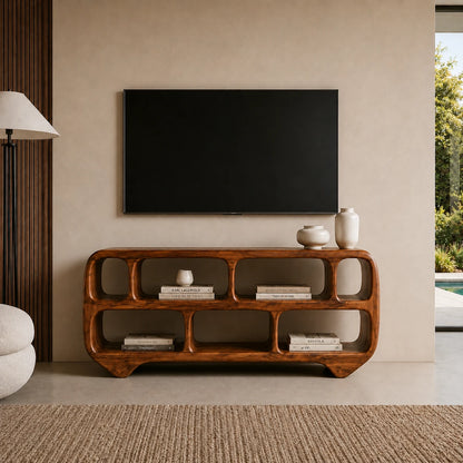 Sculptural Solid Wood TV Stand with Rounded Open Shelf Storage Console - ArborisWood - 13