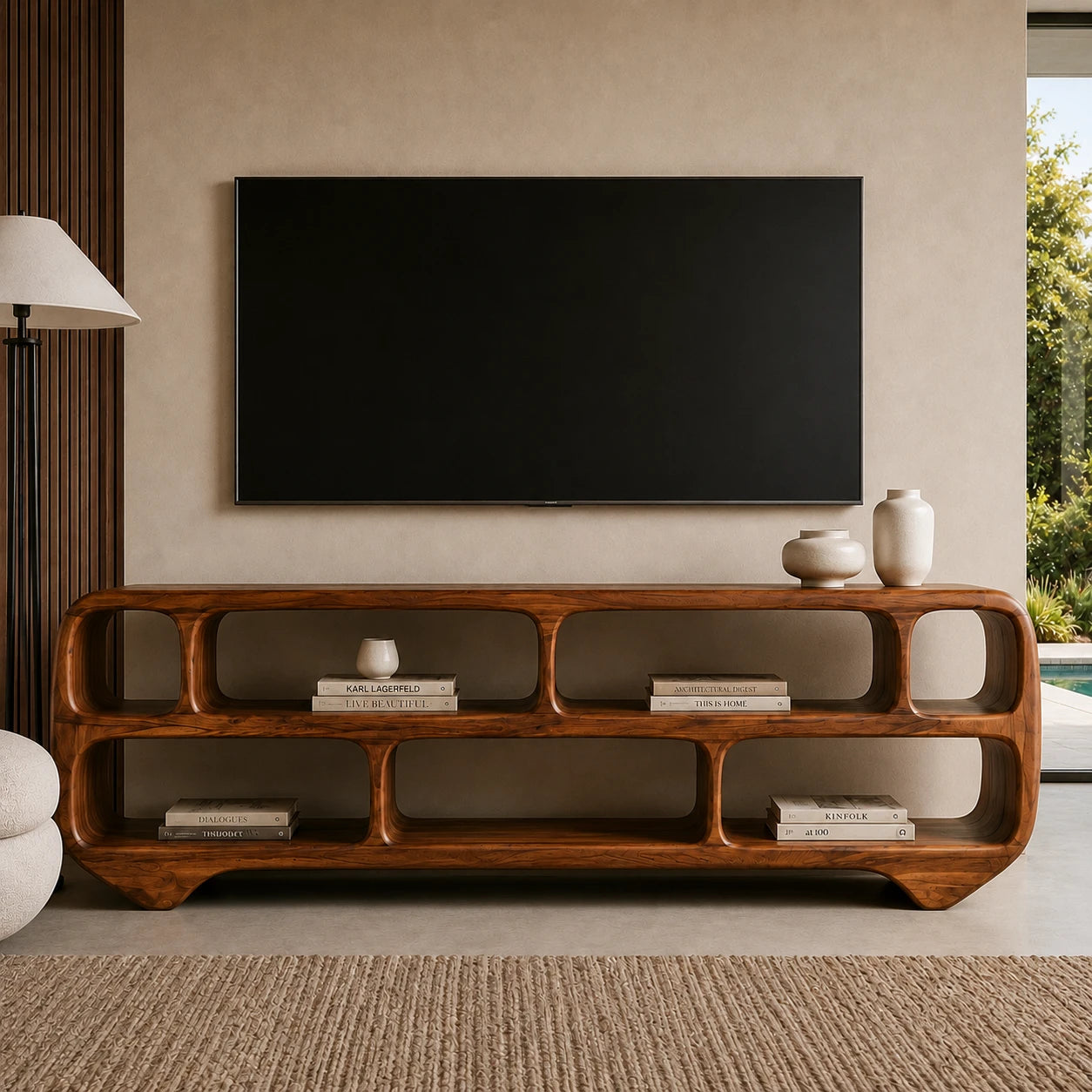 Sculptural Solid Wood TV Stand with Rounded Open Shelf Storage Console - ArborisWood - 14