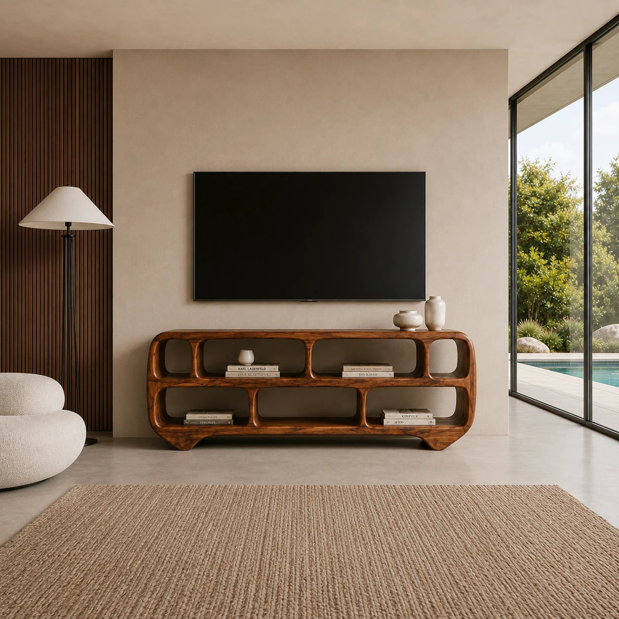 Sculptural Solid Wood TV Stand with Rounded Open Shelf Storage Console - ArborisWood - 2