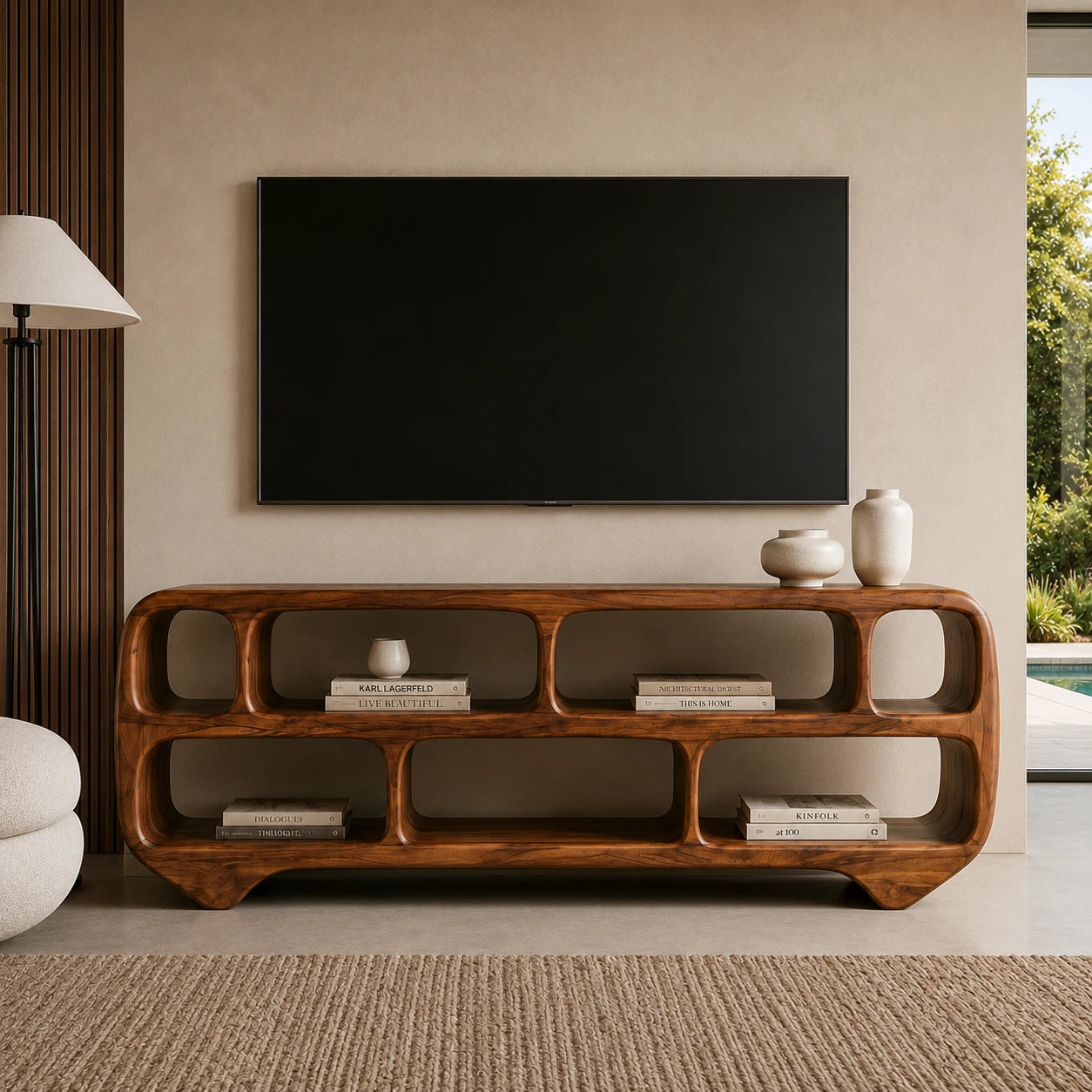Sculptural Solid Wood TV Stand with Rounded Open Shelf Storage Console - ArborisWood - 3