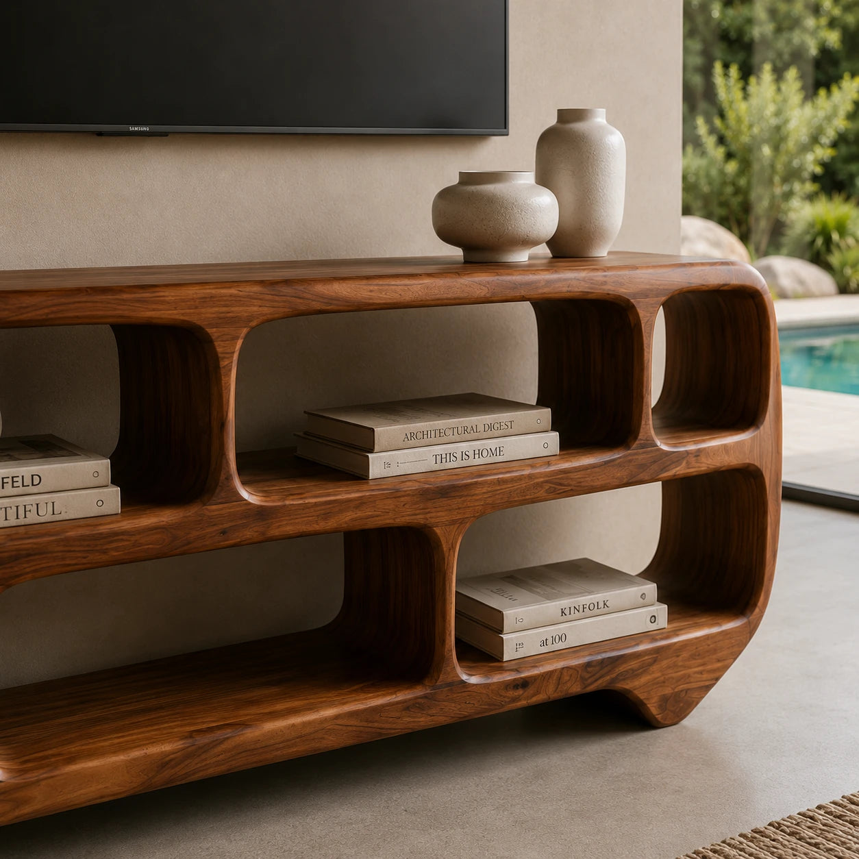 Sculptural Solid Wood TV Stand with Rounded Open Shelf Storage Console - ArborisWood - 4