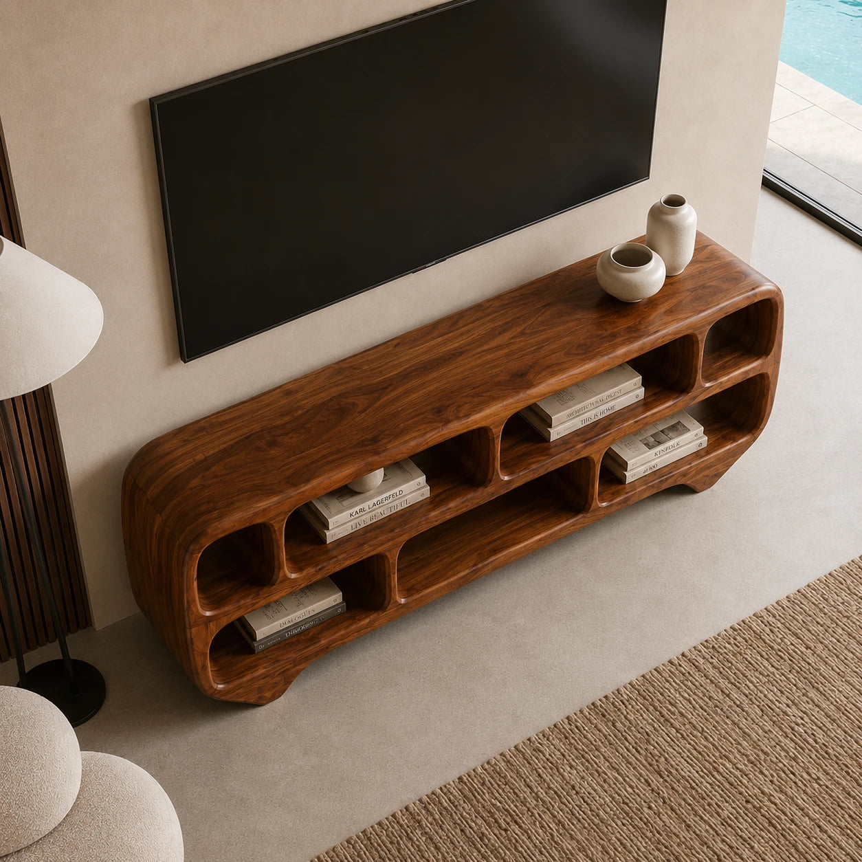 Sculptural Solid Wood TV Stand with Rounded Open Shelf Storage Console - ArborisWood - 5