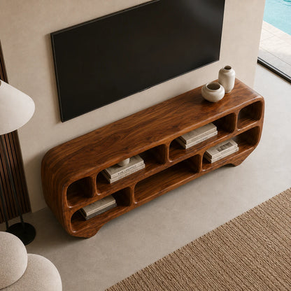 Sculptural Solid Wood TV Stand with Rounded Open Shelf Storage Console - ArborisWood - 5