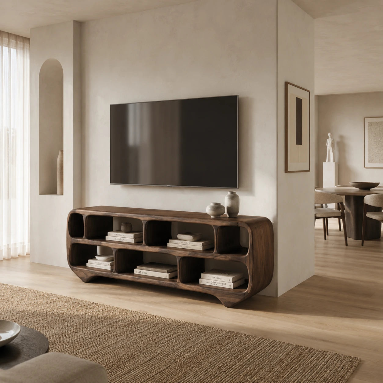 Sculptural Solid Wood TV Stand with Rounded Open Shelf Storage Console - ArborisWood - 6