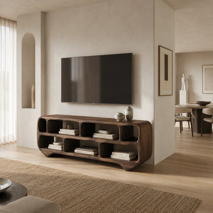 Sculptural Solid Wood TV Stand with Rounded Open Shelf Storage Console - ArborisWood - 6