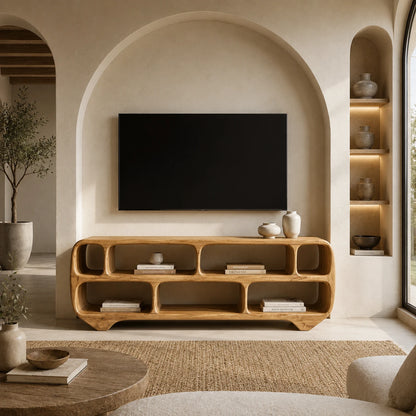 Sculptural Solid Wood TV Stand with Rounded Open Shelf Storage Console - ArborisWood - 7
