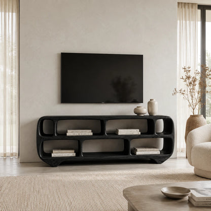 Sculptural Solid Wood TV Stand with Rounded Open Shelf Storage Console - ArborisWood - 8