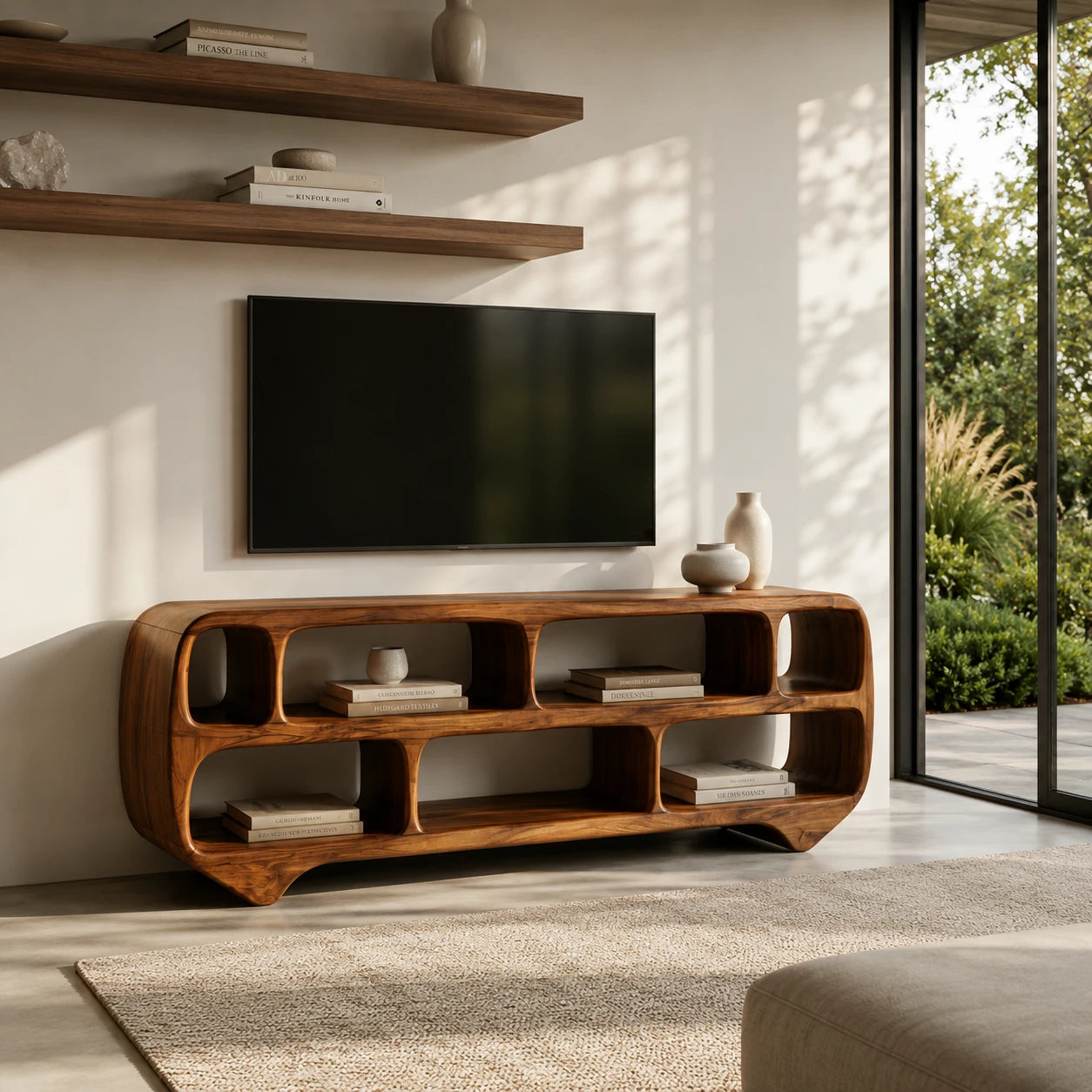 Sculptural Solid Wood TV Stand with Rounded Open Shelf Storage Console - ArborisWood - 9