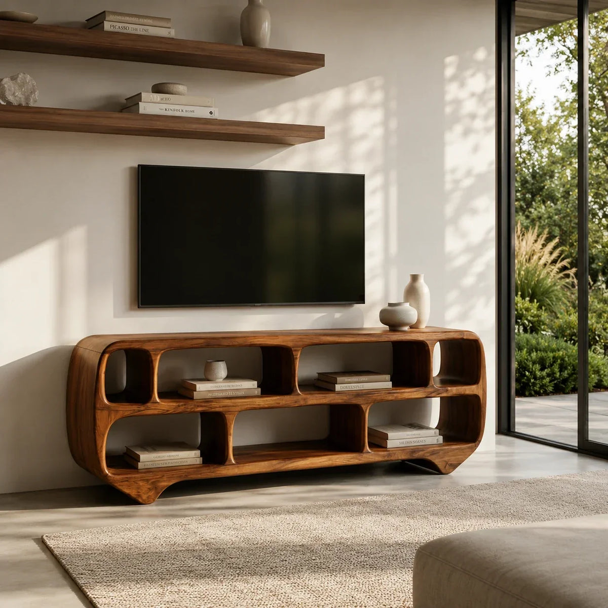 Sculptural Solid Wood TV Stand with Rounded Open Shelf Storage Console - Arboriswood - 9