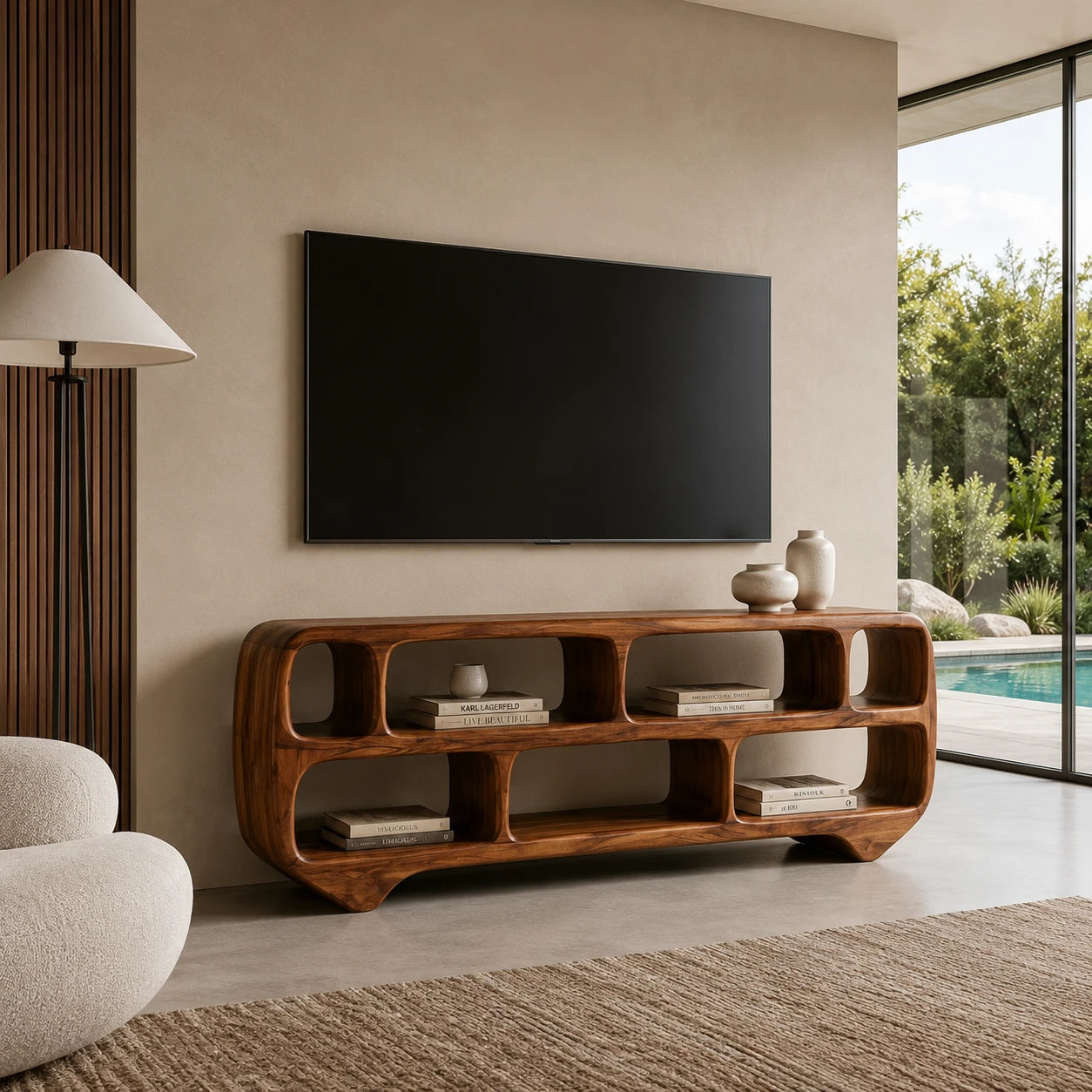 Sculptural Solid Wood TV Stand with Rounded Open Shelf Storage Console - ArborisWood