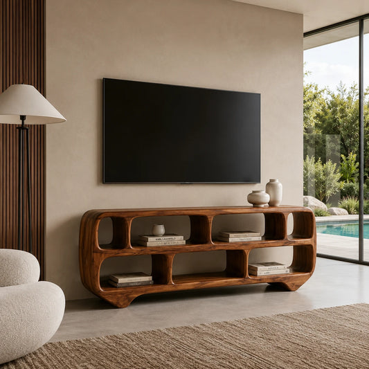 Sculptural Solid Wood TV Stand with Rounded Open Shelf Storage Console - ArborisWood