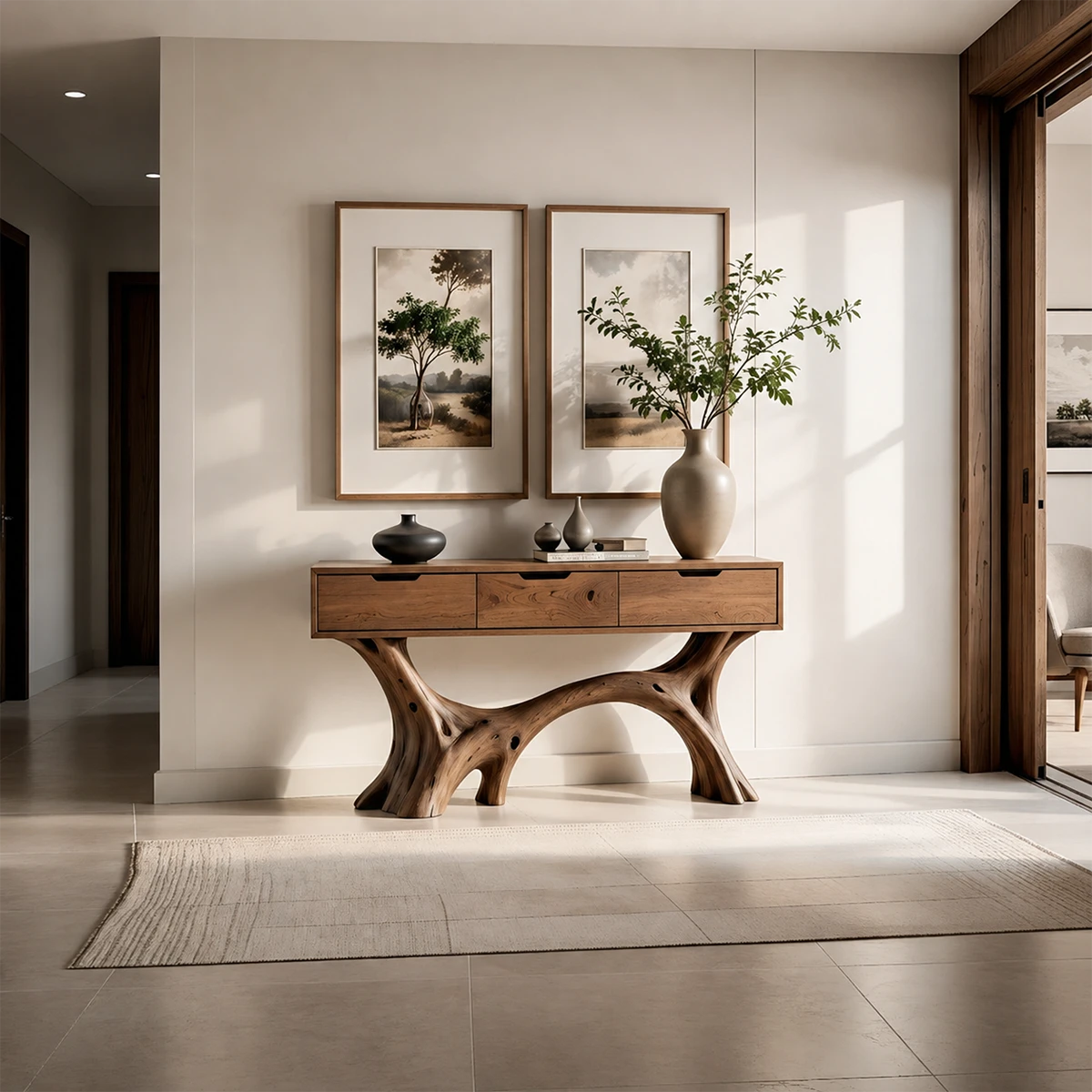 Sculptural Storage Console Table in Natural Solid Wood with Branch Base - ArborisWood - 12