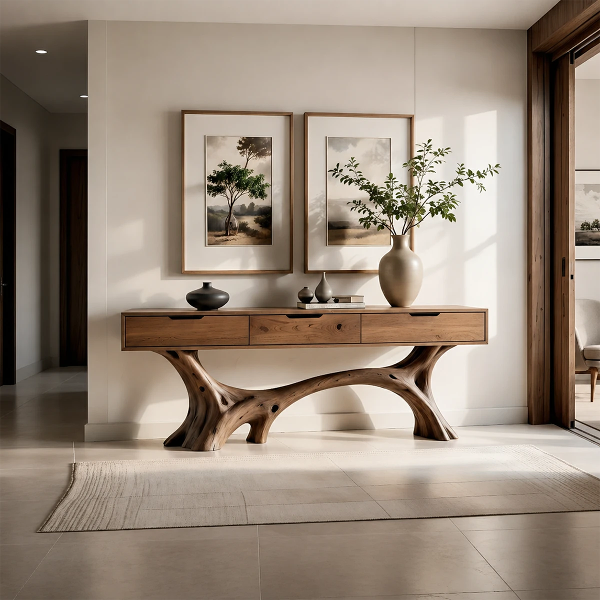 Sculptural Storage Console Table in Natural Solid Wood with Branch Base - ArborisWood - 14