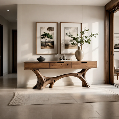 Sculptural Storage Console Table in Natural Solid Wood with Branch Base - ArborisWood - 14