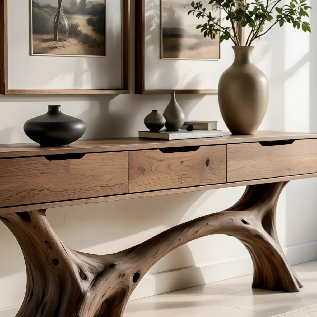 Sculptural Storage Console Table in Natural Solid Wood with Branch Base - ArborisWood - 4