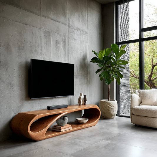 Modern TV stand with sculptural open storage and natural wood finish for minimalist interiors