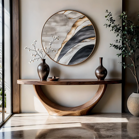 Sculptural walnut console table with semicircle loop base