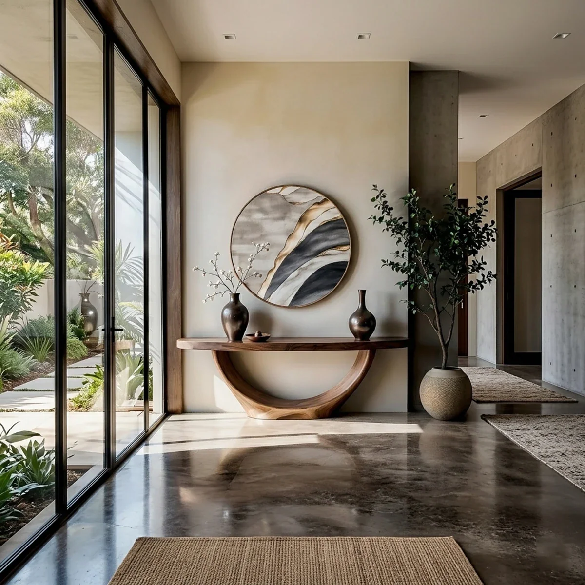 Modern walnut console table with curved loop pedestal