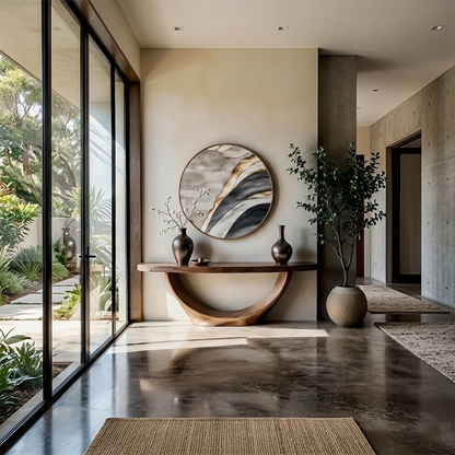 Modern walnut console table with curved loop pedestal