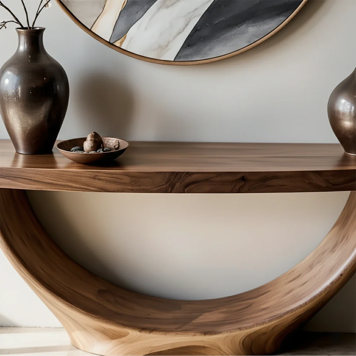 Elegant walnut console table with semicircle wood base