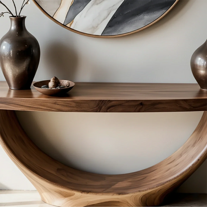 Elegant walnut console table with semicircle wood base