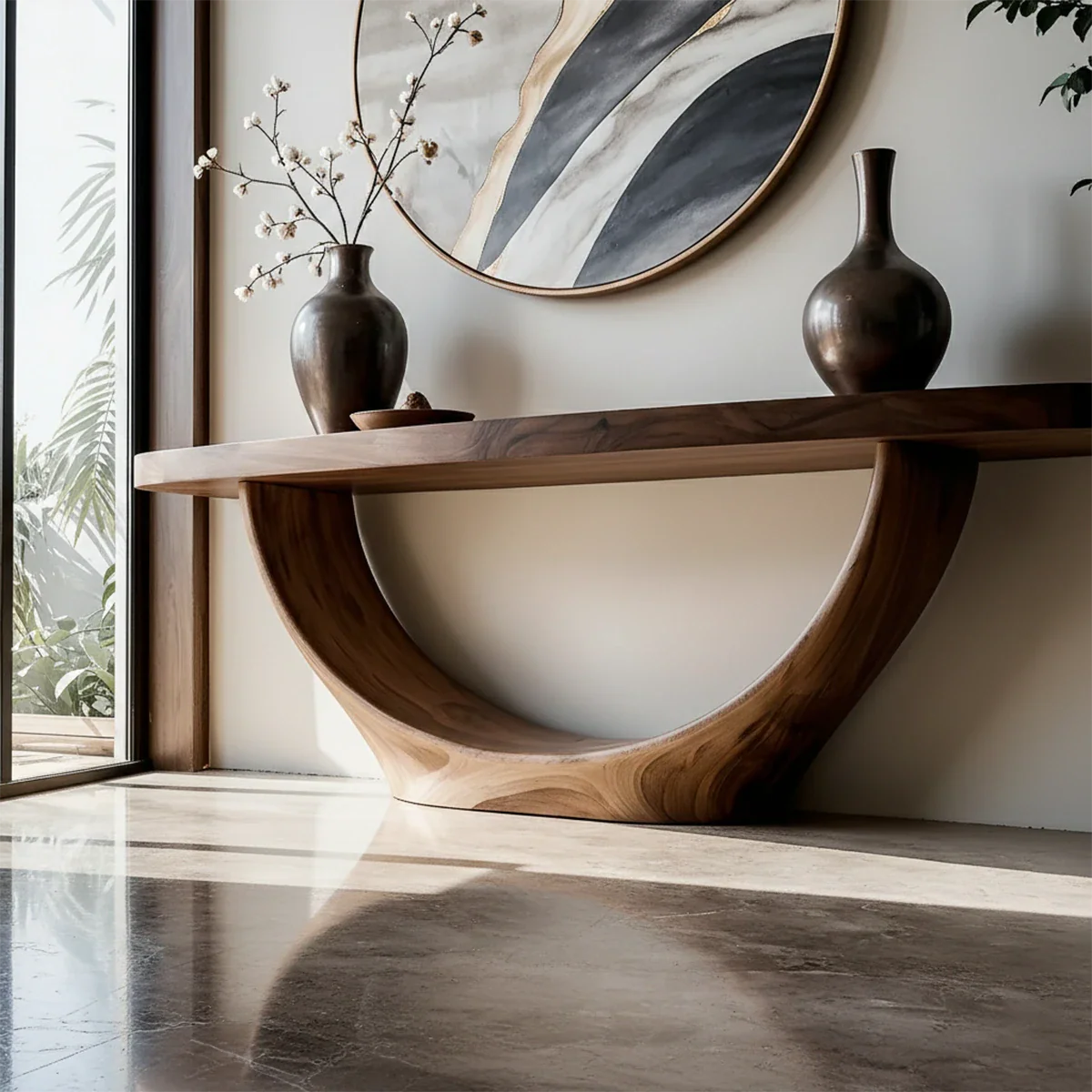 Contemporary walnut console table with sculpted loop base
