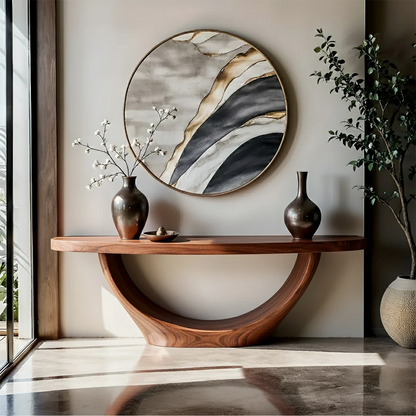 Artistic walnut console table with semicircle structure