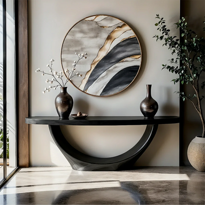 Solid walnut console table with curved sculptural base