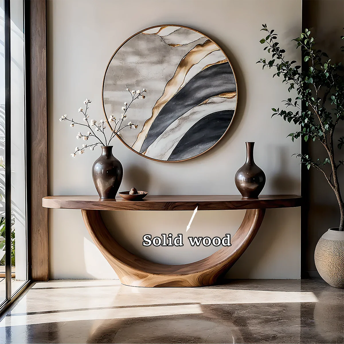 Unique walnut console table with semicircle pedestal