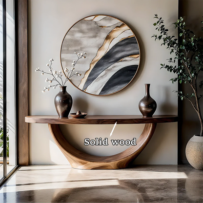 Unique walnut console table with semicircle pedestal