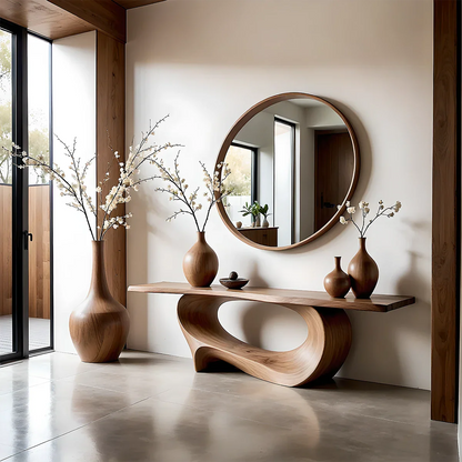 Sculptural walnut console table with twist wave base