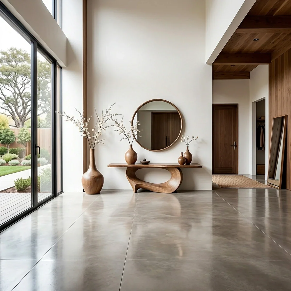 Modern walnut console table with sculpted wave pedestal