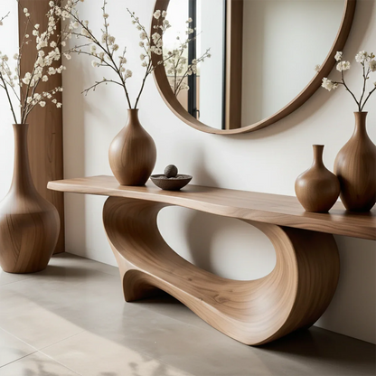 Contemporary walnut console table with wave wood base