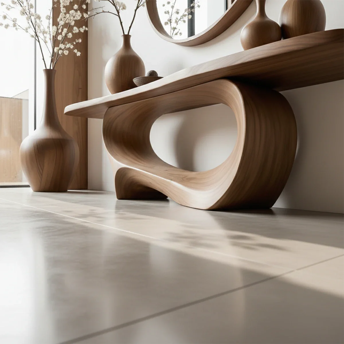 Elegant walnut console table with curved twist pedestal