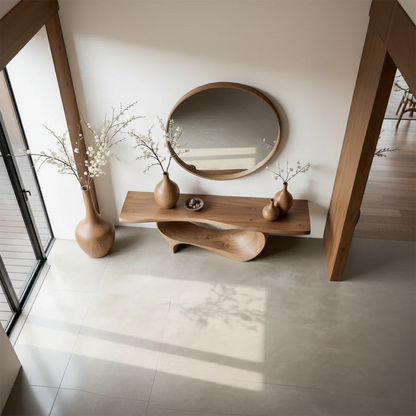 Designer walnut console table with sculpted wave base