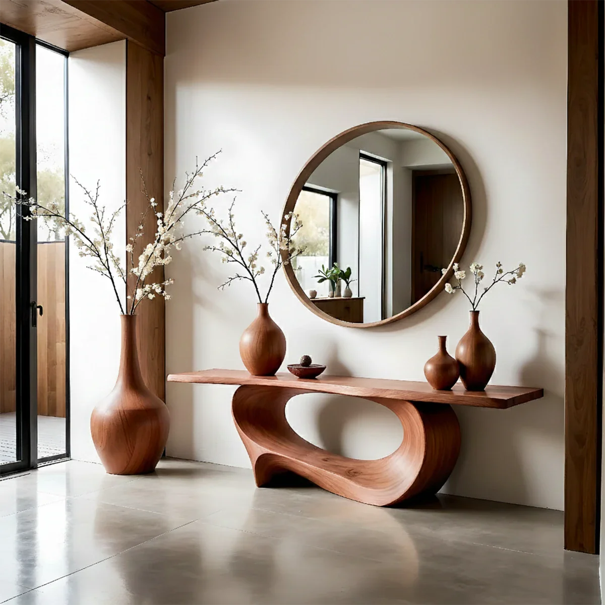 Luxury walnut console table with twisted wood structure