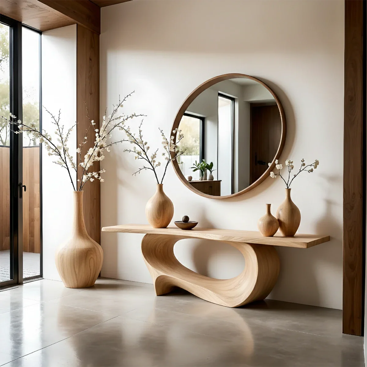 Minimal walnut console table with wave style base