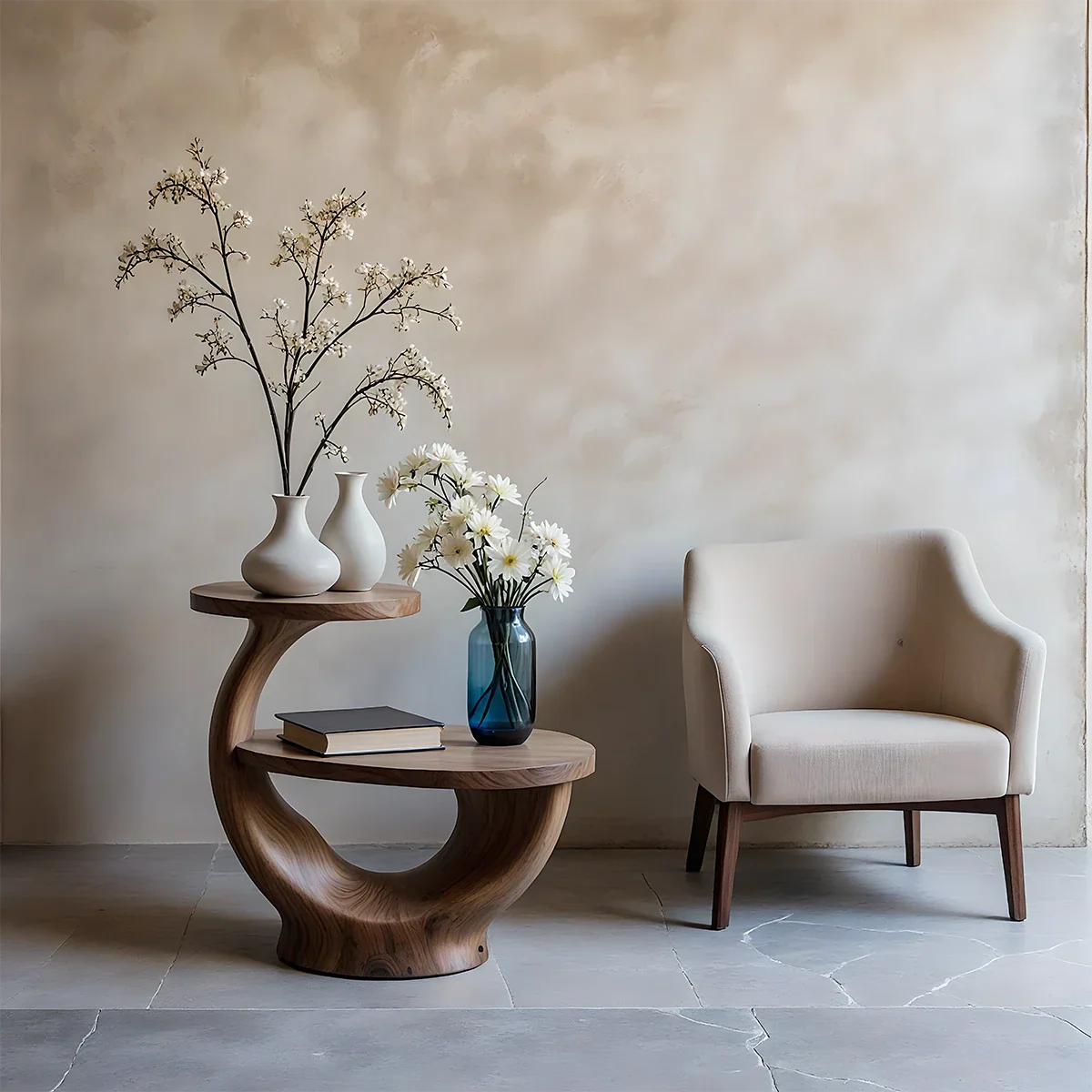 Walnut tone end table with sculptural curved base and open shelf design in a modern interior