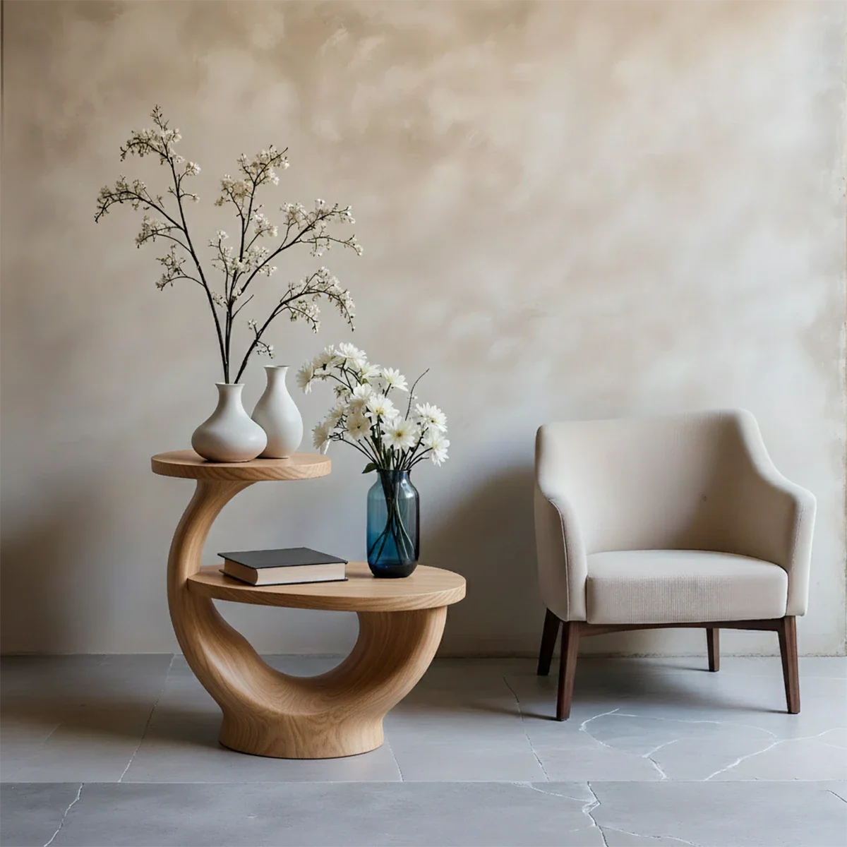 A compact end table in brown tone finish with open shelf and artistic curved base
