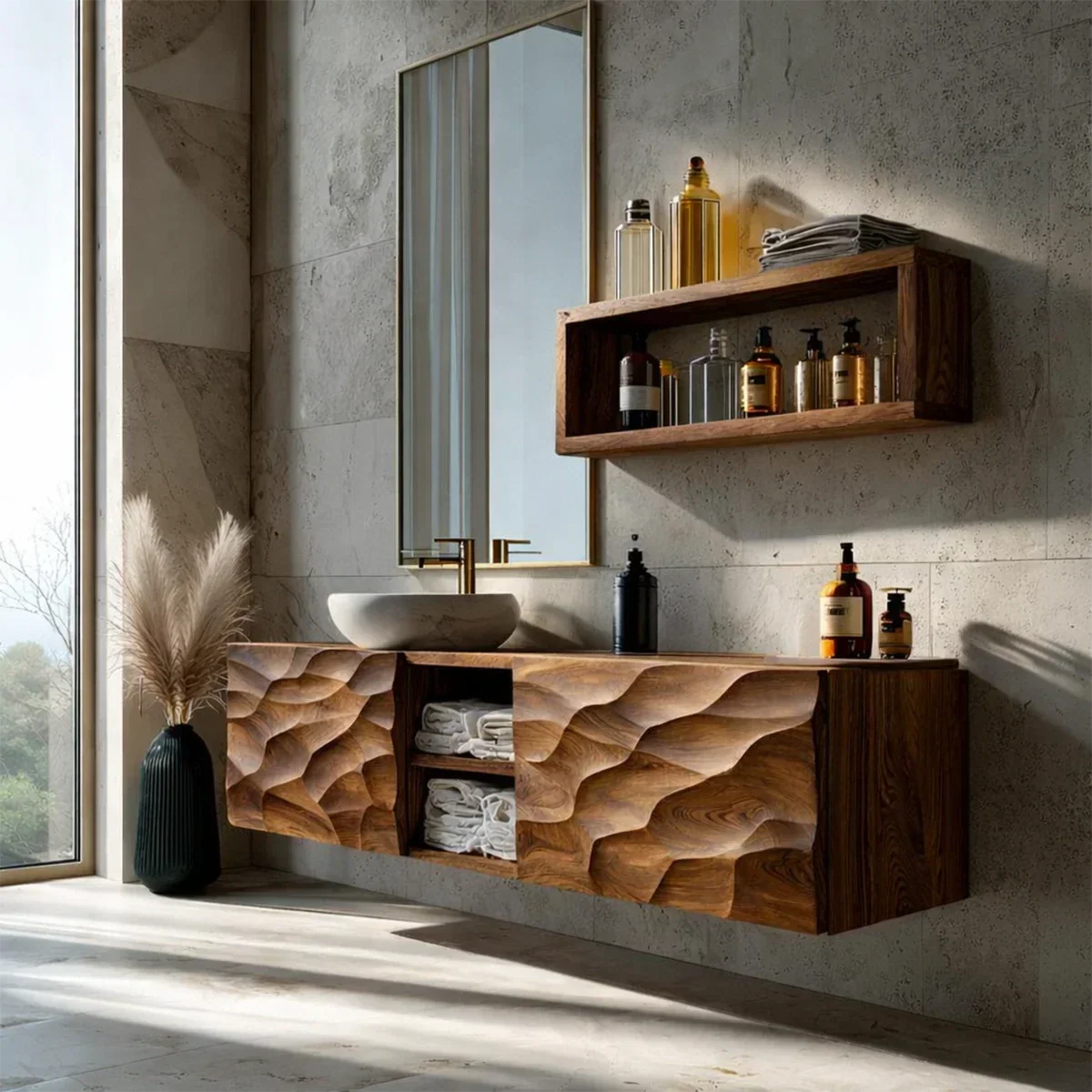 Sculptural Wave Floating Bathroom Vanity Natural Solid Wood - Arboriswood - 9