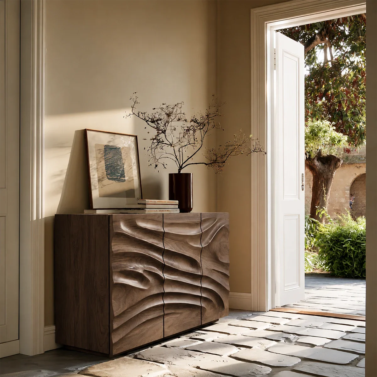 Statement buffet cabinet featuring layered carved texture and architectural room presence
