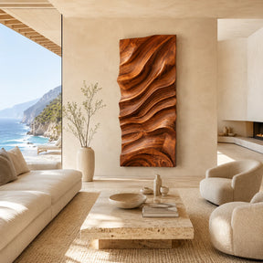 Sculptural wall art with flowing carved relief creates a bold focal point in modern rooms