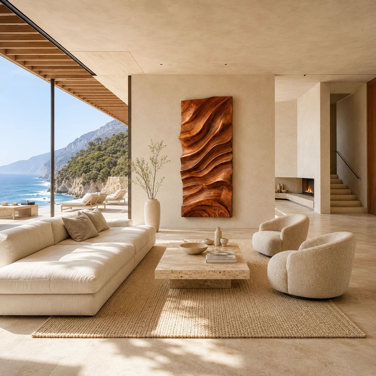 Large wall art panel with sculpted contours adds visual texture to a bright living space
