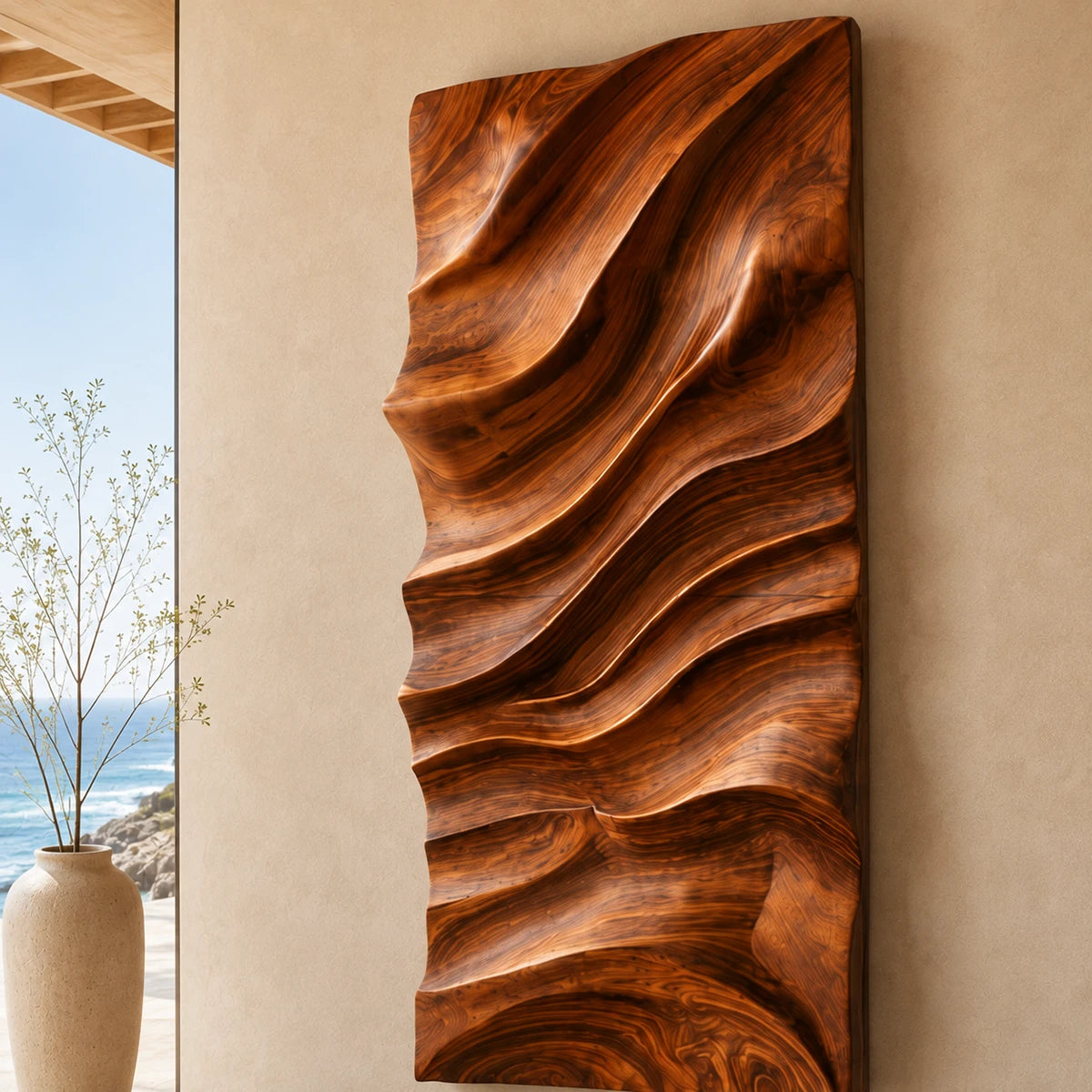 Contemporary wall decor featuring flowing relief lines suits a clean modern home setting